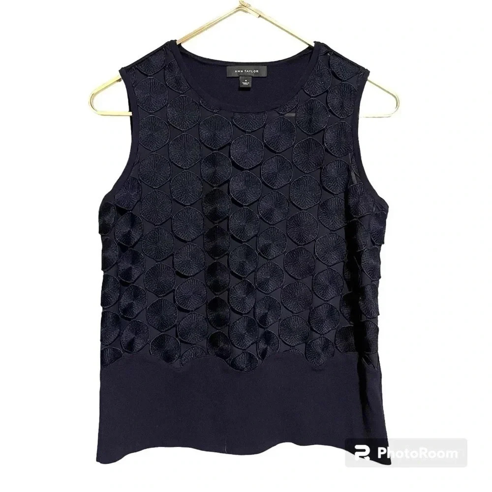 ANN TAYLOR Womens Tank Top Medium Navy Blue Sleeveless Geometric Overlay Sheer